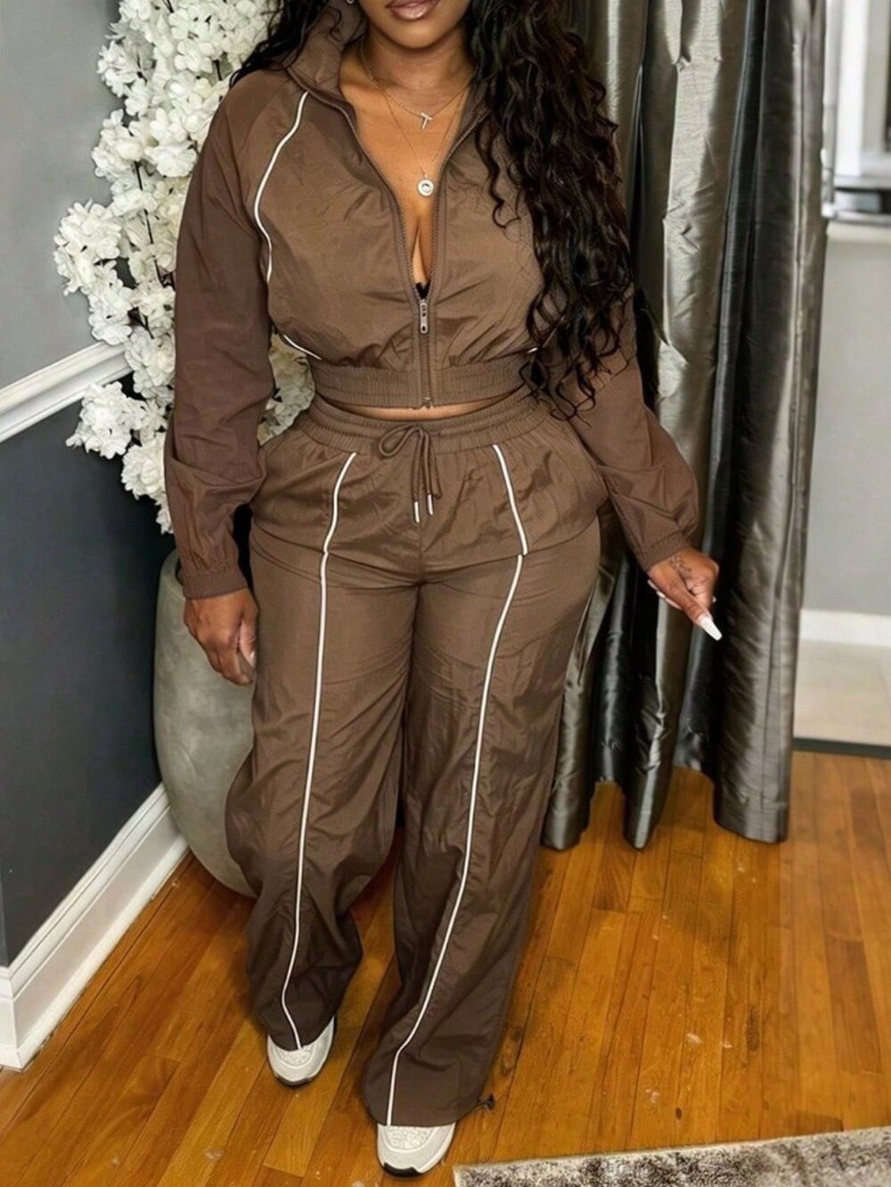 Brown Casual Women's Unlined Raglan Sleeve Lounge Plain 2-Piece Set